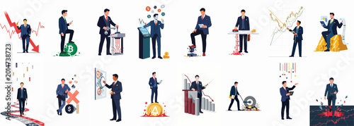 Foto Set of Vector Illustrations Featuring a Businessman Engaged in Stock Market, Cry