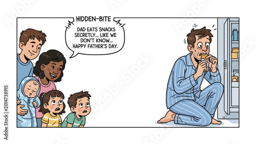 Fotografía Hidden Bite: A comic panel showing a father caught sneaking a snack by his children