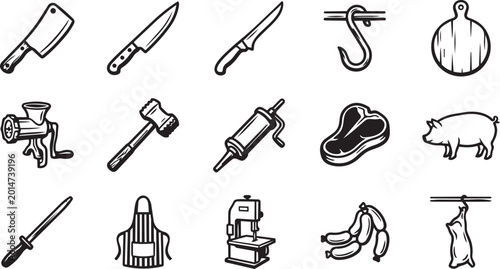 Εκτύπωση καμβά Vintage butcher shop icons set with meat processing tools and animal silhouettes for traditional butchery