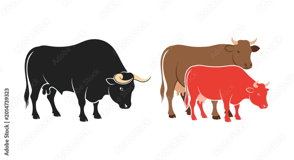 Fototapeta premium Diverse Herd of Cattle: Black Bull, Brown Cow, Red Calf