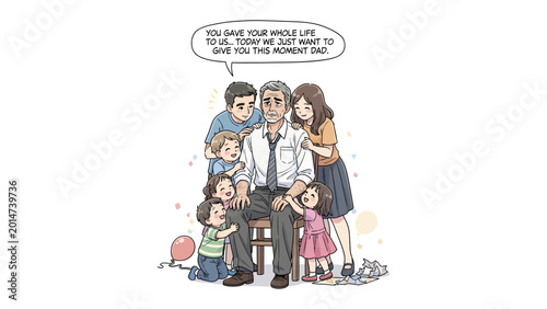 Quadro em tela Cherished Moment: Family honors patriarch in a tender display of love and appreciation, with a heartwarming message