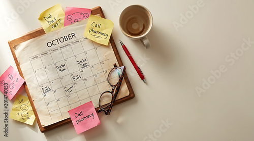 Caregiver Calendar with Medication Schedule and Doctor Appointments,  Coffee cup, reading glasses, and pen show a stressed caregiver managing elderly parent care. 