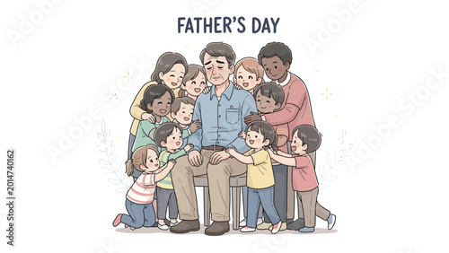 Schilderij op canvas Father's Day Devotion: A father sits surrounded by his adoring children, each expressing their love and appreciation, forming a heartening display of family bond