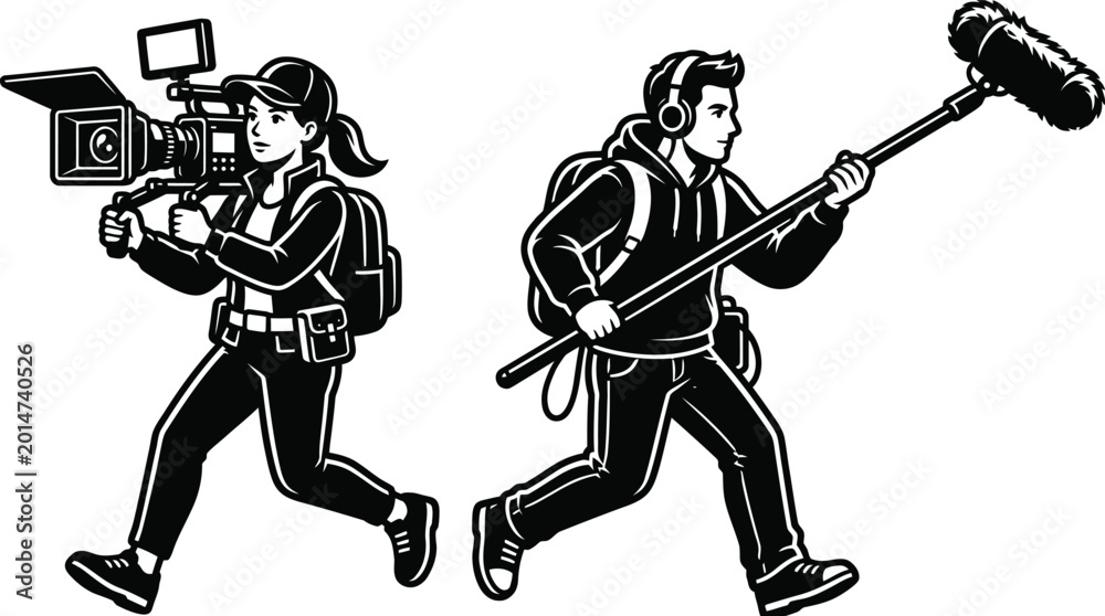 Fototapeta premium Capturing Breaking News: Agile Soundman and Camerawoman Personel Sprinting, Featuring Clean Outlines for Scalable Advertising.