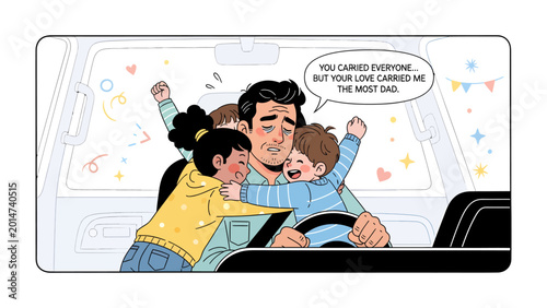 Foto The Strongest Love: A tender cartoon depiction of a father embraces his three children inside a car, symbolizing the profound love and emotional bond between a parent and offspring