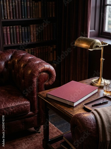 Luxurious Vintage Library with Leather Armchair and Antique Desk Lamp
