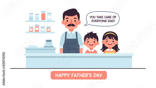 Photography Happy Father's Day: A cartoon illustration capturing a heartwarming Father's Day scene with a father and his children, emphasizing the role of care and appreciation
