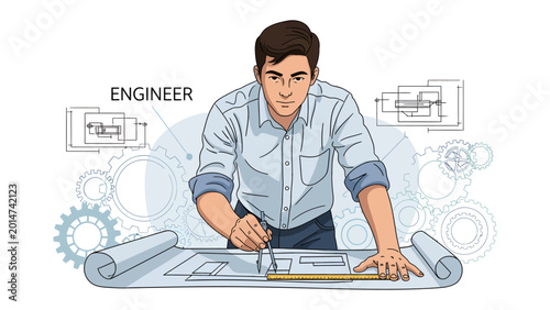 Tableau sur toile Technical Architect's Vision: A dedicated engineer engrossed in designing, sketching intricate plans with precision and expertise, surrounded by symbolic gear elements