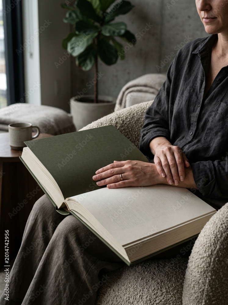 Obraz premium Hands holding an open, hardcover book with blank pages, seated in a comfortable chair