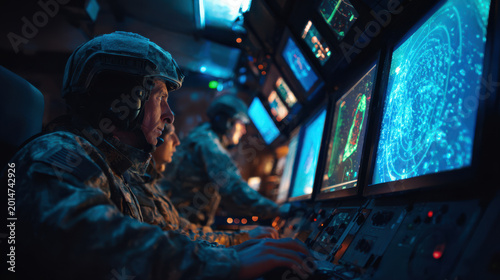 Military Personnel Monitor Surveillance Data in Command Center at Night