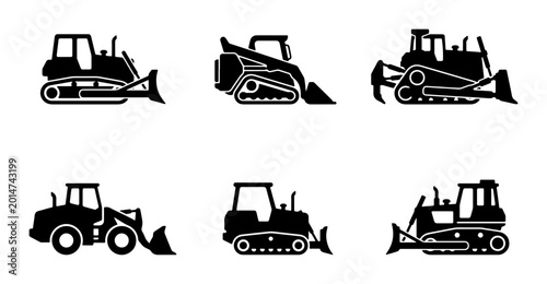 Schilderij op canvas Heavy Construction Equipment Icons: Bulldozers, Loaders, and Diggers, Set of 6 B