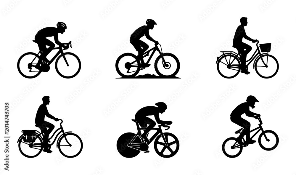 Fototapeta premium Diverse Cyclist Silhouettes Set: Road, Mountain, BMX, Touring, and Track Biking Vector Icons for Sports and Lifestyle Graphics
