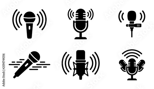 Microphone Icon Set, Audio Recording Symbols, Podcast Equipment Graphics, Broadcast Studio Gear Vector Collection