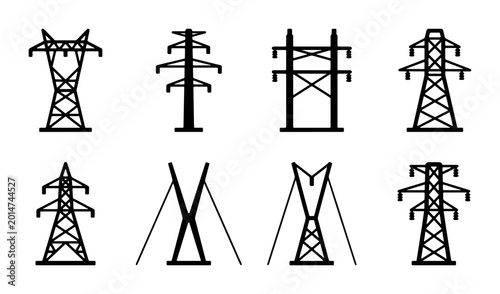 Schilderij op canvas Electricity Pylons Vector Icons Set, High Voltage Power Line Towers, Industrial