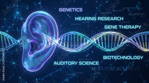 Genetic Hearing Loss as an ear with a DNA double helix symbol representing genetics and Auditory science or audiology as losing the ability to hear due to gene disorder.