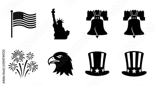 Quadro su tela American Patriotism Icons Set: US Flag, Statue of Liberty, Liberty Bells, Eagle,