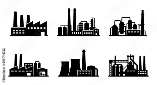 Industrial Factory Silhouettes, Manufacturing Plant Icons, Power Station Buildings, Urban Industry Vector Set, Commercial Production Facilities