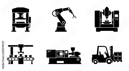 Industrial Machinery Icons Set: Manufacturing Equipment, Robotic Arm, Forklift, Press, CNC Machine, Injection Molding, Production Line Vector Graphics