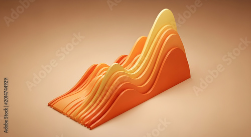 Abstract 3D render of layered orange and yellow waveform graph representing data trends and growth