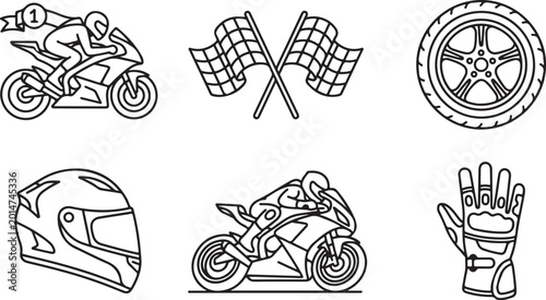 Bild auf Leinwand Set of motorcycle racing icons with sport bike rider flags wheel helmet and glov