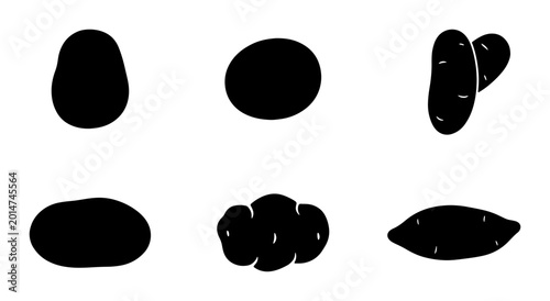 Schilderij op canvas Six Black Potato Silhouettes, Vector Icons for Food and Agriculture Graphics, Si