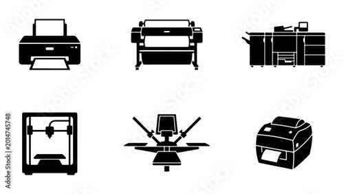 Foto Printing Technology Icons: 6 Vector Graphics of Modern Printing Machines, Includ