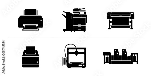 Foto Printing Technology Icons Set: Printer, Copier, Plotter, 3D Printer, Offset Pres