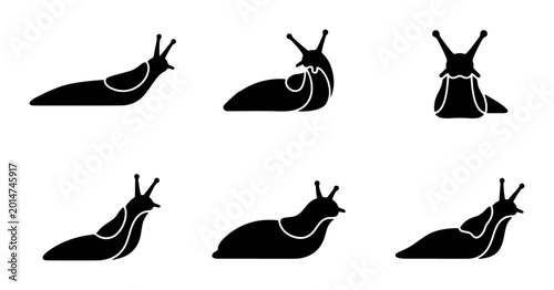 Bild auf Leinwand Six Black Silhouette Slug Icons, Gastropod Vector Graphics, Garden Pest and Wild