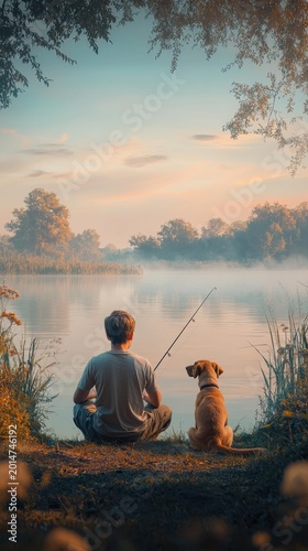 A person and a dog sit by a misty lake at sunrise, with the person fishing. AI.