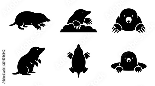 Obraz na płótnie Mole Icons Set, Vector Silhouettes of Small Mammals, Cute Underground Animal Gra