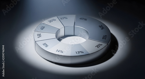 3D rendered pie chart with data slices and percentages, symbolizing analytics and business insights in a spotlight