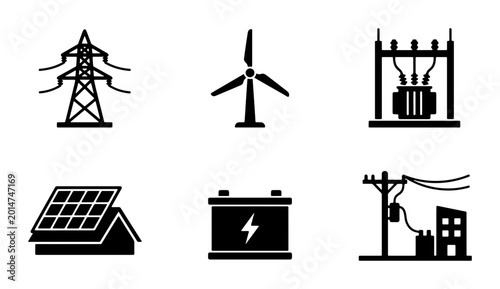 Quadro su tela Energy Icons Set: Power Grid Tower, Wind Turbine, Transformer, Solar Panel, Batt