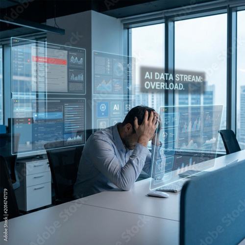 Photos Stressed engineer overwhelmed by AI data overload in office