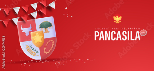 Pancasila Day Poster with Pancasila  Illustration and Decorative Banner on Bold Red Background