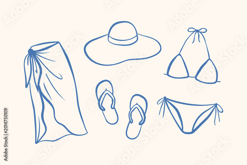 Hand drawn bikini and beach accessories mini set in minimal line style. Summer swimwear elements isolated on neutral background. Perfect for fashion and vacation design.