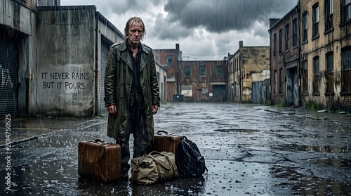 Man standing with luggage on a wet urban street with a weathered appearance