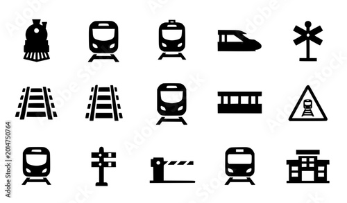Foto Minimal train silhouette icon set vector with railway station and crossing symbo