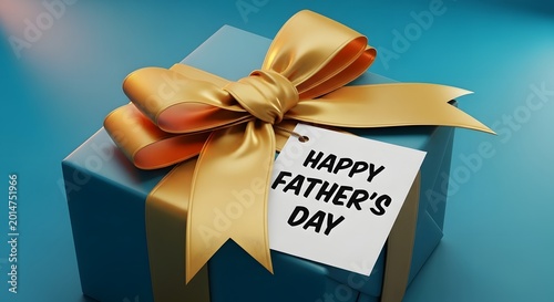 Gift box with gold bow and Happy Fathers Day tag