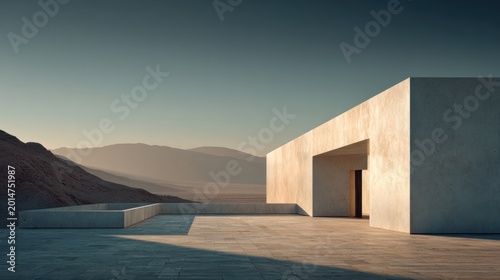 Minimalist modern concrete house with pool in desert landscape under clear sky at sunset.