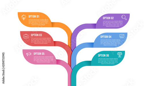 6 Stage Business Development Flowchart for Marketing Strategy and Success Tree Infographic Template. Presentation, Plan and Strategy. Vector illustration.