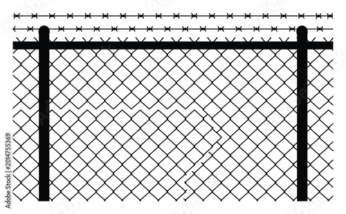 Tableau sur toile Chain-link fence with barbed wire on black and white