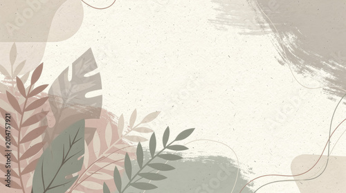 Abstract background, with painted brush, strokes and tropical, leaf silhouettes in, muted earth tones, on a textured, paper surface