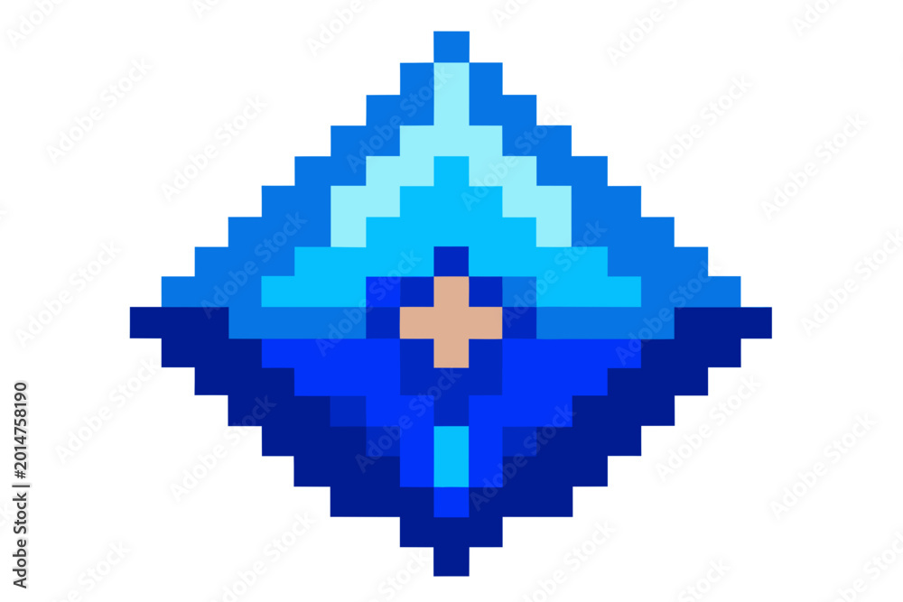 Fototapeta premium Pixel art blue diamond, gradient pixelated gem, blue crystal icon, vector graphic symbol