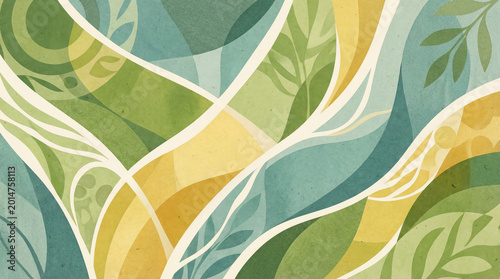 Abstract botanical pattern with wavy organic shapes in shades of green, teal, and yellow with leaf silhouettes