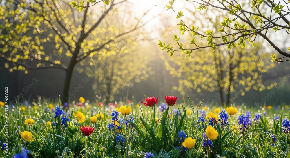 Fototapeta premium A lush green meadow overflows with colorful wildflowers and budding trees as the bright sun shines through the branches during peak spring, scenery, background, botanical