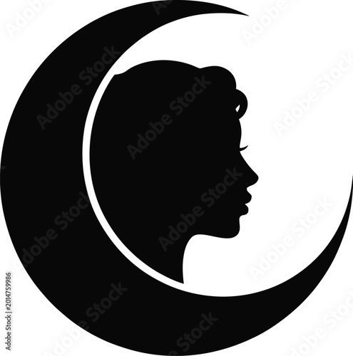 Black silhouette of a womans face in profile on a crescent moon