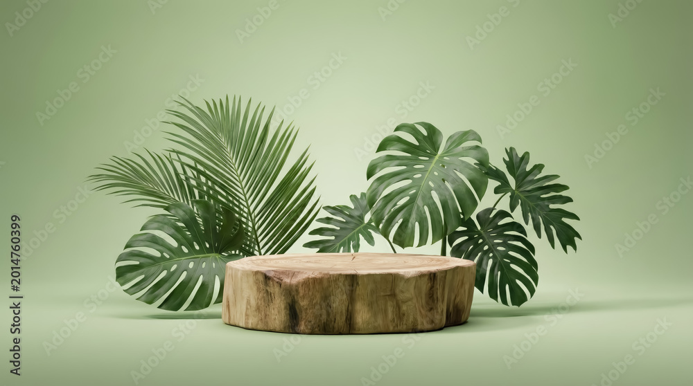 Obraz premium Natural wooden log podium display stand surrounded by lush green tropical monstera and palm leaves against a soft sage green background