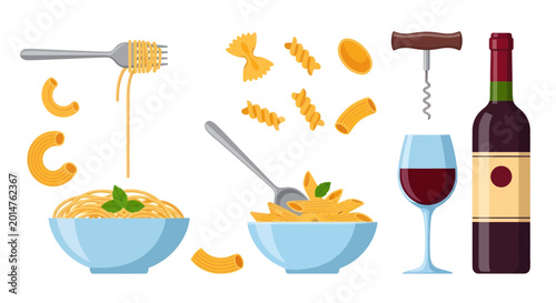 Italian Pasta Meal with Red Wine and Utensils - Flat Design Elements