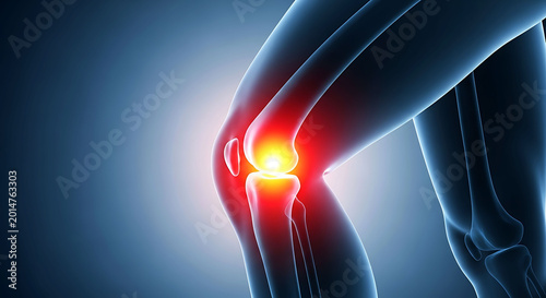 Human knee joint pain inflammation medical 3D anatomy visualization blue background