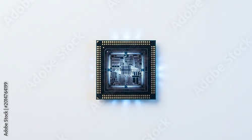 Top view of a single microchip processor on a plain white background with microchip processor computer